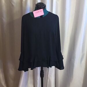ANA semi sheer black blouse with ruffled button & sleeves in size L NWOT